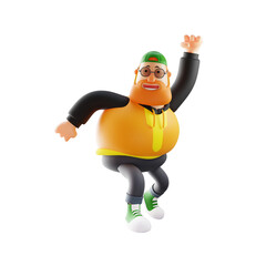 3D illustration. Fat Man 3D Cartoon Design Waving His Hand. by dancing merrily. showing a happy expression. 3D Cartoon Character