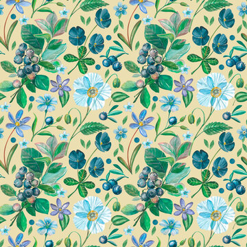 Watercolor seamless botanical pattern with blueberry and blue poppies. Vintage illustrations for fabric and packs.