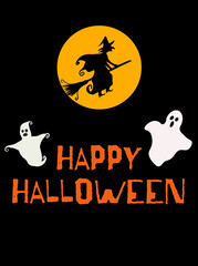 Happy Halloween concept vector. Flying witch with broom and white ghosts. Vertical design can be used as social media post, website banner, poster, brochure, greeting card, flyer.