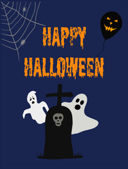 Happy Halloween concept vector. Pumpkin, white ghosts and spider web. Vertical design can be used as social media post, website banner, poster, brochure, greeting card, flyer.