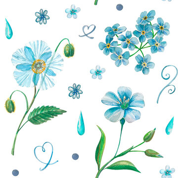 Light watercolor botanical seamless pattern with cute field flowers, blue poppies, hearts at white background.