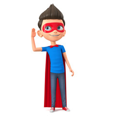 Cartoon character boy in super hero costume eavesdrops. 3d render illustration.