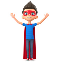 Cartoon character boy in super hero costume with hands up. 3d render illustration.