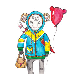 A lamb in a jacket holds a balloon.  Watercolor illustration with a sheep in clothes
