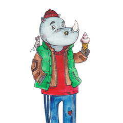 A unicorn in clothes is standing and eating ice cream. Watercolor illustration of a unicorn in a jacket and hat
