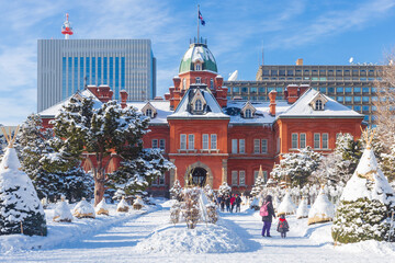 Former Hokkaido Government Office Building (Red Brick Office) in winter season, Sapporo, Hokkaido, Japan - obrazy, fototapety, plakaty
