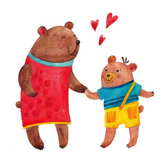 Two bears mom and baby. Children's illustration of a bear and a bear cub