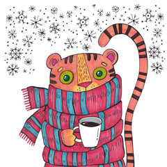 Tiger in a scarf and drinking tea. Children's illustration with a tiger