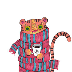 Tiger in a scarf and drinking tea. Children's illustration with a tiger