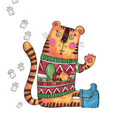 Tiger in a sweater, children's illustration with a cheerful tiger