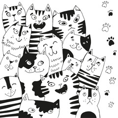 Illustration of a lot of cats. Graphic drawing of a pack of cats