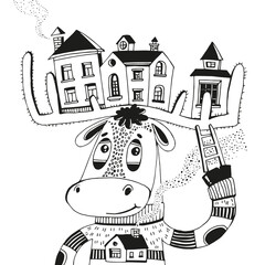A moose with houses on its horns. Children's illustration of a moose with big horns