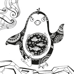 Graphic illustration of a penguin with fish, abstract drawing of a penguin