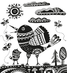 A bird with ornaments. Graphic illustration of a bird with patterns