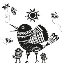A bird with ornaments. Graphic illustration of a bird with patterns