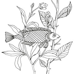 Fish in the branches of a tree, graphic illustration with fish and plants