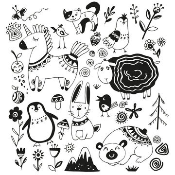 Collection of forest animals and plants. Graphic illustration with a sheep, a cat, a penguin, a horse and birds