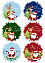 Christmas stickers, gift decoration black santa, deer, christmas tree. African American Santa. Stickers for a New Year's gift.