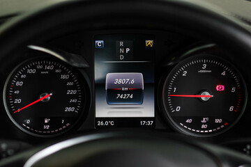 car​ instrument panel, car​ speed motor of​ night, car​ dashboard​ modern​ automobile control​illuminated panel​ speed display.	