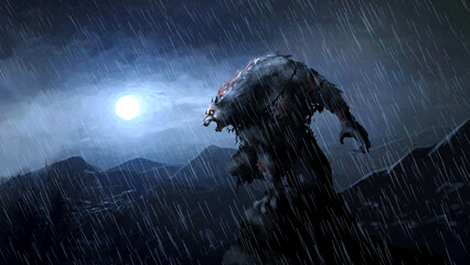 A werewolf stands on a rock and growls against the backdrop of a rainy night. 2d illustration