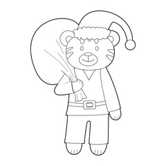 A coloring book for children, a cartoon tiger in a Santa costume and with a bag of gifts. Vector isolated on a white background