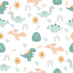 Cartoon boho seamless dinosaur pattern. Vector illustration