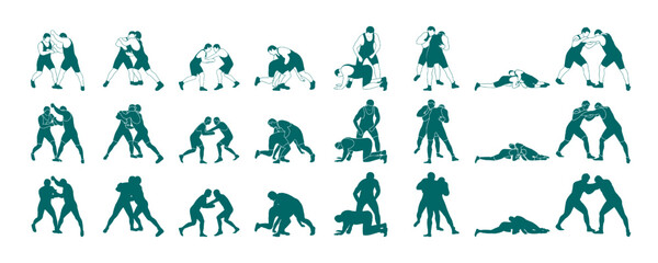 Athlete wrestler in wrestling, duel, fight. A pack of silhouettes Greco Roman, freestyle, classical wrestling.