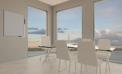Elegant office interior. Mixed media. 3D rendering.. Mockup.   Empty paintings