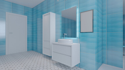 Fototapeta na wymiar Modern bathroom including bath and sink. 3D rendering.. Mockup. Empty paintings