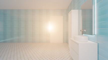 Fototapeta na wymiar Freestanding bath with towels in grey modern bathroom. 3D rendering.. Sunset.