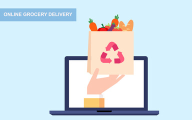 Contactless delivery of grocery supplies. paper bag with groceries. online grocery concept. vector illustration. 