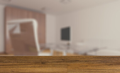 Modern office Cabinet.  3D rendering.   Meeting room. Background with empty wooden table. Flooring.