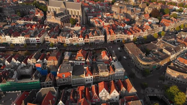 Aerial Panoramic View Of Leiden City Centre With Hooglandse Kerk In Nieuwstraat, Leiden Netherlands.