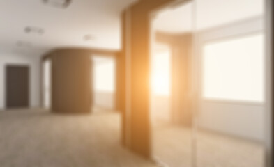 Modern meeting room. 3D rendering.. Sunset.. Abstract blur phototography.