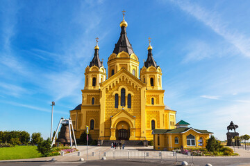 View of the  Alexander Nevsky Novoyarmarochny Cathedral with the cathedral bell and monuments to Alexander Nevsky. Nizhny Novgorod. Russia