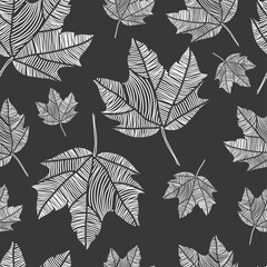 Abstract seamless floral pattern with maple leaves. Black and white. Vector illustration.