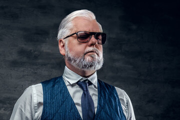 Portrait of handsome aged businessman dressed in sunglasses and stylish suit.