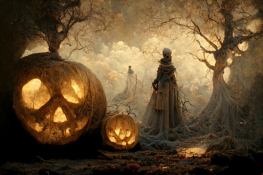 Halloween scene painting: big Jack o Lantern pumpkins and woman figure, alle made of branches and spider webs. Dark trees and clouds in the background.