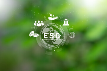 ESG icon concept on green nature background, environment concept, social, and governance in...