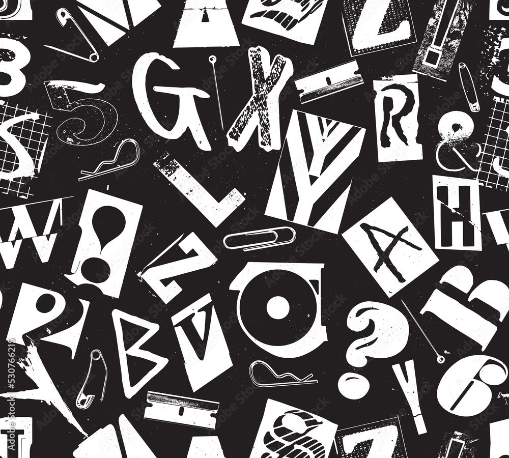 Aufkleber punk seamless vector pattern alphabet typography composition with pins and clips in the style of gru