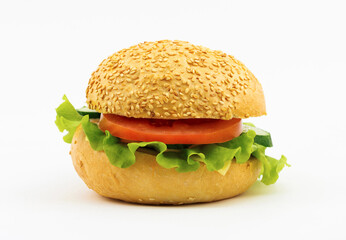 Close-up view of fresh delicious burger isolated on white background