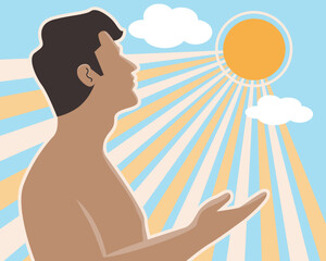 A man under the sunlight for get more vitamin D from the sun, healthy living concept. flat vector illustration.