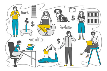 Cute doodle hand drawn set of men and women. Work at home. Freelance. Isolated vector people on a white background.