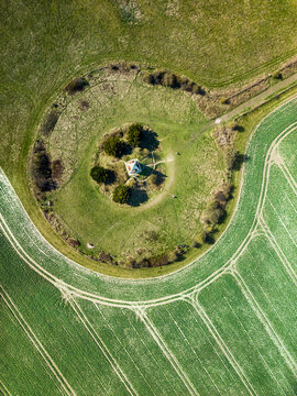 Aerial view of Farley Mount monument and burial ground, Romsey, Hampshire, United Kingdom.