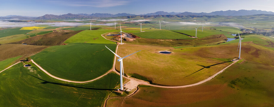 Panoramic aerial view of Overberg wind farm, Western Cape, South Africa.