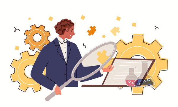 Concept of scientific research. Scientist is engaged in search and development, conducts tests and experiments in laboratory. Business at intersection of science and technology.  Vector character.