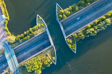 Aerial view of a water bridge crossing the road, Aquaduct Veluwemeer, Harderwijk, The Netherlands.