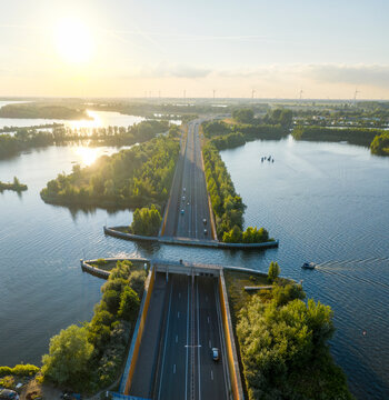 Aerial view of a water bridge crossing the road, Aquaduct Veluwemeer, Harderwijk, The Netherlands.