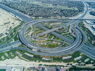 Aerial view of a complex roundabout in Dubai, United Arab Emirates.