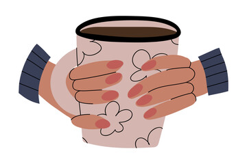 Hands holding cup of coffee or tea, vector illustration